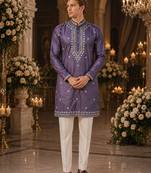 Purple embroidered & sequence work silk blend straight kurta