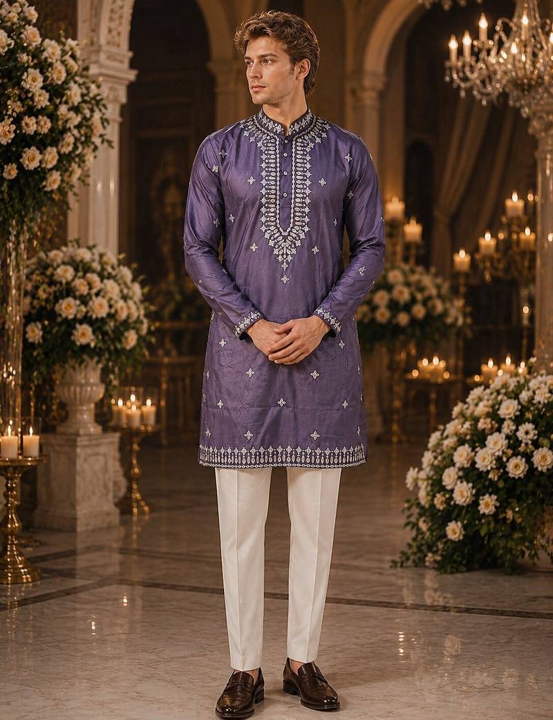 Purple embroidered & sequence work silk blend straight kurta