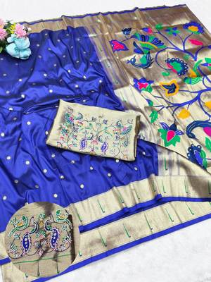 Blue zari woven paithani silk traditional saree with swarovski blouse piece 1