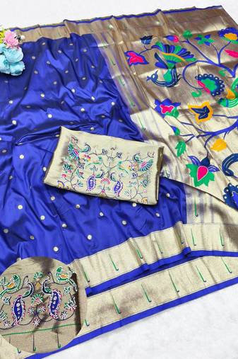 Blue zari woven paithani silk traditional saree with swarovski blouse piece