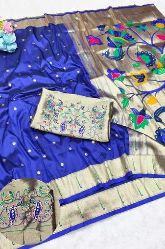 Blue zari woven paithani silk traditional saree with swarovski blouse piece
