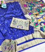 Blue zari woven paithani silk traditional saree with swarovski blouse piece