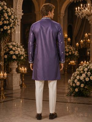 Purple embroidered & sequence work silk blend straight kurta 2