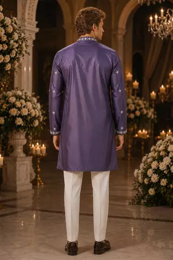 Purple embroidered & sequence work silk blend straight kurta