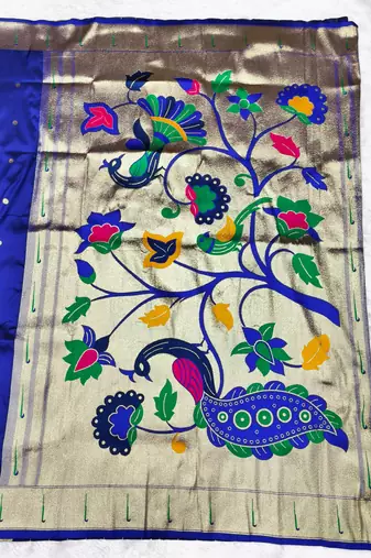 Blue zari woven paithani silk traditional saree with swarovski blouse piece
