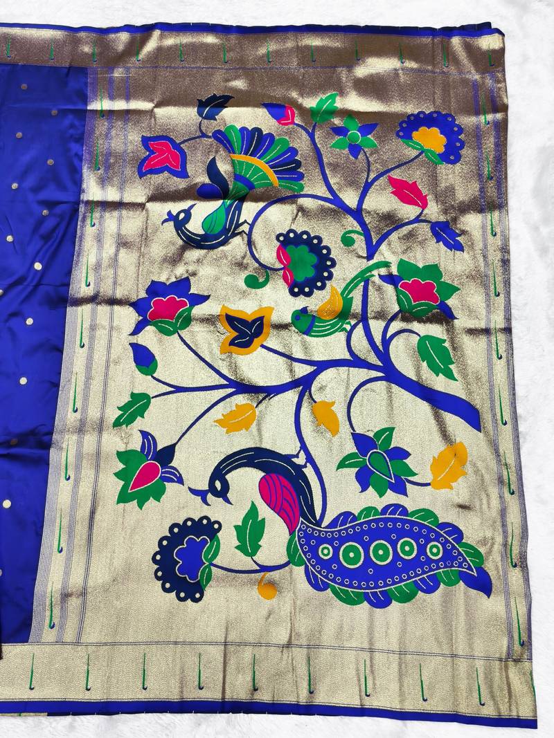 Blue zari woven paithani silk traditional saree with swarovski blouse piece