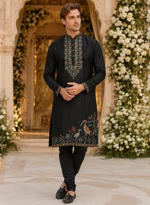 Black embroidered & sequence work silk blend straight kurta set 1