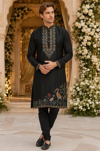 Black embroidered & sequence work silk blend straight kurta set