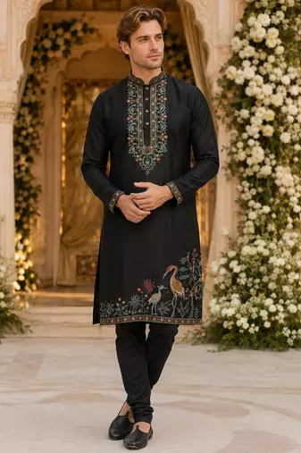 Black embroidered & sequence work silk blend straight kurta set