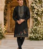 Black embroidered & sequence work silk blend straight kurta set