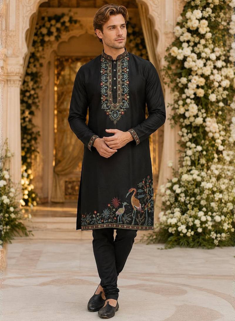 Black embroidered & sequence work silk blend straight kurta set