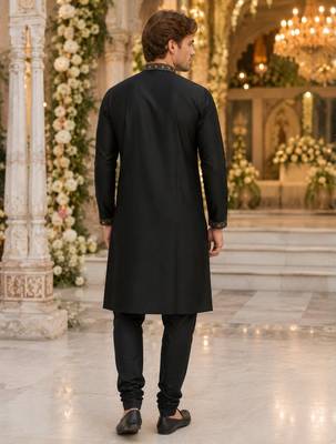 Black embroidered & sequence work silk blend straight kurta set 2