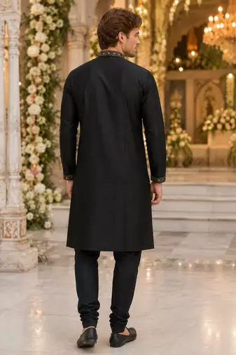 Black embroidered & sequence work silk blend straight kurta set