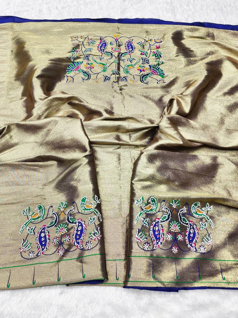 Blue zari woven paithani silk traditional saree with swarovski blouse piece