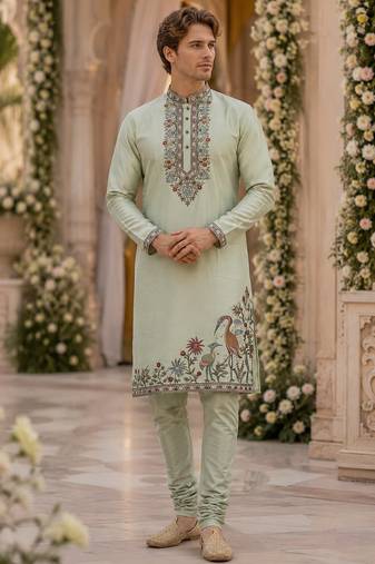 Green embroidered & sequence work silk blend straight kurta set