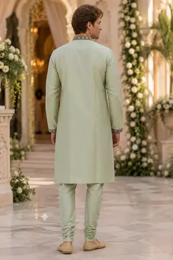 Green embroidered & sequence work silk blend straight kurta set