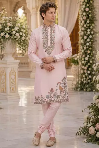 Pink embroidered & sequence work silk blend straight kurta set