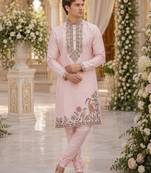 Pink embroidered & sequence work silk blend straight kurta set