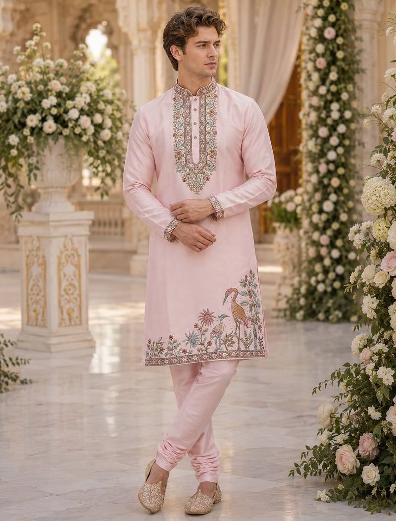 Pink embroidered & sequence work silk blend straight kurta set