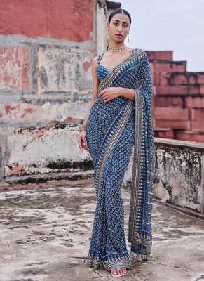 Teal Color Beautiful katdana and real mirror work Fox Georgette Saree 1