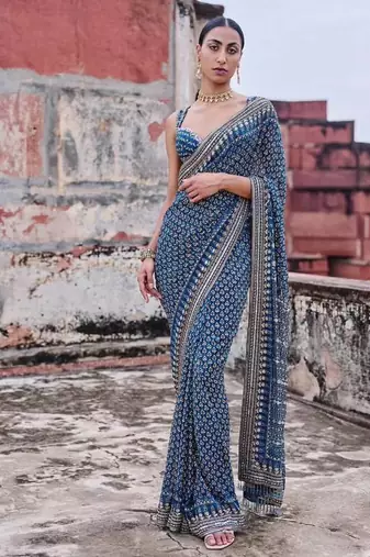 Teal Color Beautiful katdana and real mirror work Fox Georgette Saree