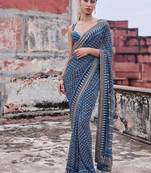 Teal Color Beautiful katdana and real mirror work Fox Georgette Saree