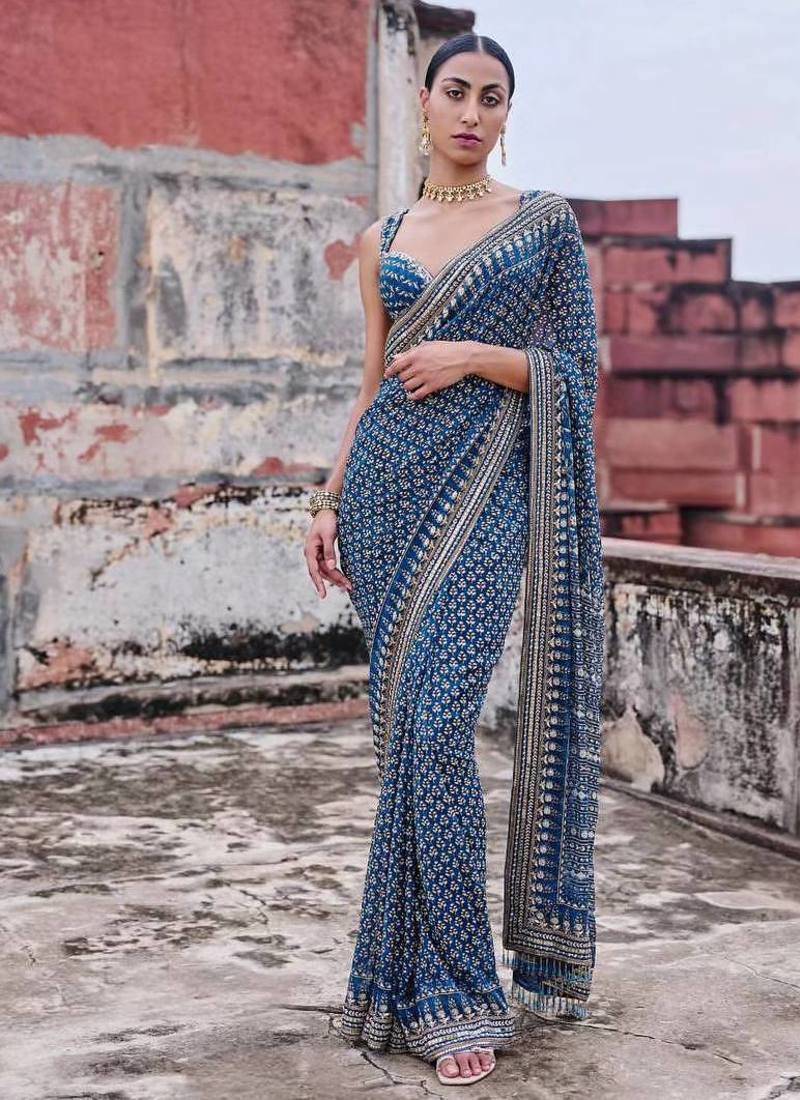 Teal Color Beautiful katdana and real mirror work Fox Georgette Saree