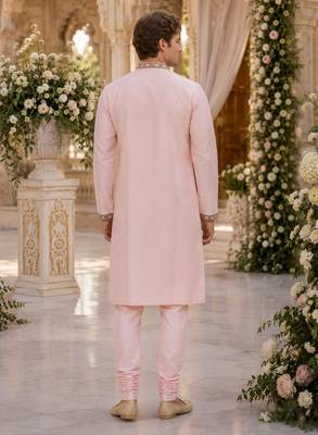 Pink embroidered & sequence work silk blend straight kurta set 2