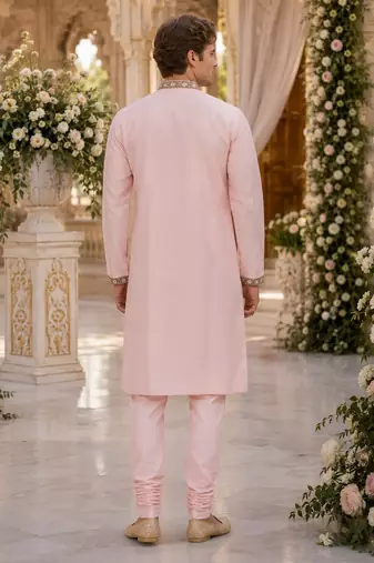Pink embroidered & sequence work silk blend straight kurta set