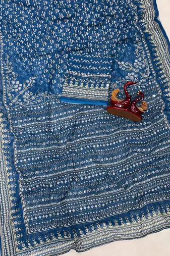 Teal Color Beautiful katdana and real mirror work Fox Georgette Saree