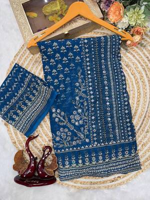 Teal Color Beautiful katdana and real mirror work Fox Georgette Saree 3