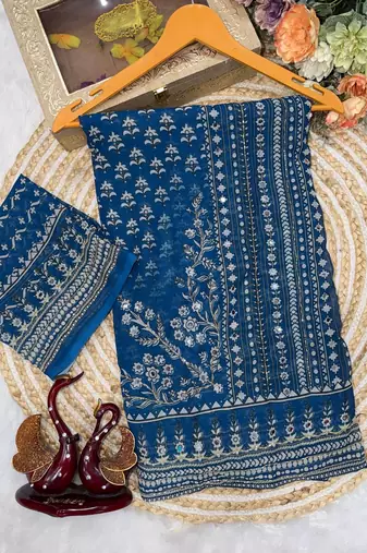 Teal Color Beautiful katdana and real mirror work Fox Georgette Saree