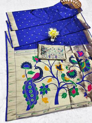 Blue zari woven paithani silk traditional saree with swarovski blouse piece 5