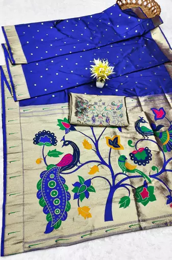 Blue zari woven paithani silk traditional saree with swarovski blouse piece