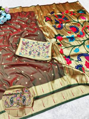Brown zari woven paithani silk traditional saree with swarovski blouse piece 1