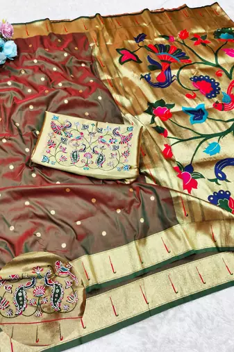 Brown zari woven paithani silk traditional saree with swarovski blouse piece