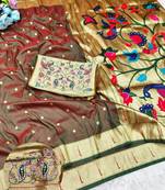 Brown zari woven paithani silk traditional saree with swarovski blouse piece