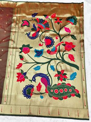 Brown zari woven paithani silk traditional saree with swarovski blouse piece 2