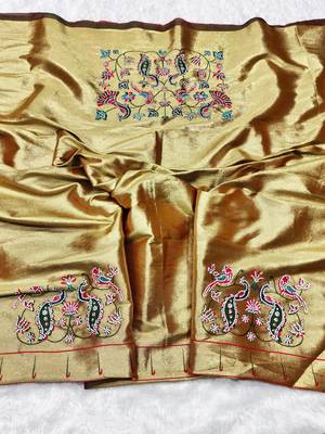 Brown zari woven paithani silk traditional saree with swarovski blouse piece 3