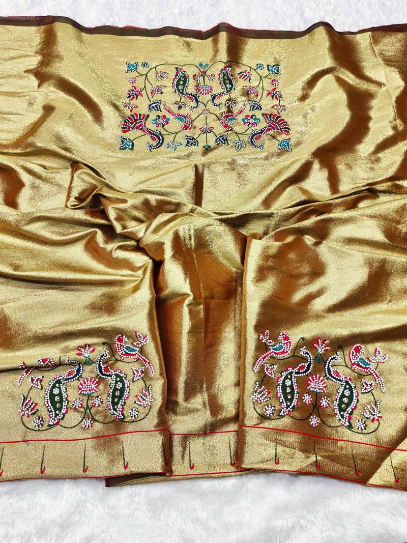 Brown zari woven paithani silk traditional saree with swarovski blouse piece