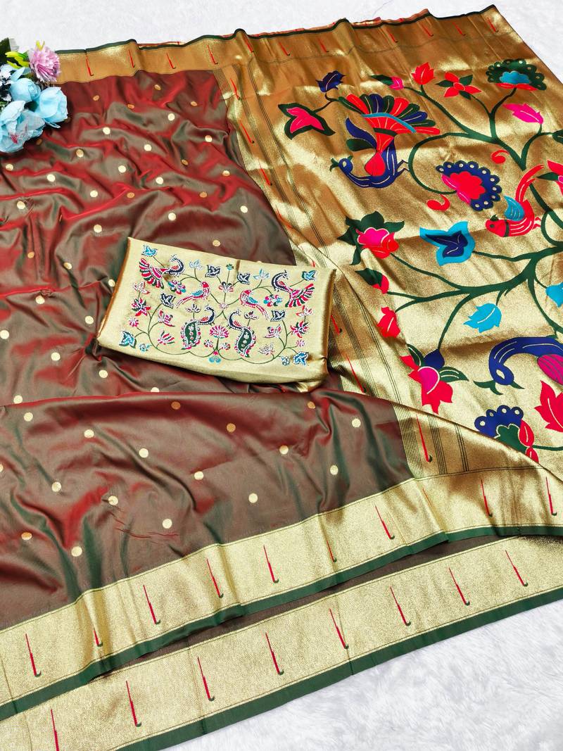 Brown zari woven paithani silk traditional saree with swarovski blouse piece