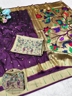 Wine zari woven paithani silk traditional saree with swarovski blouse piece 1