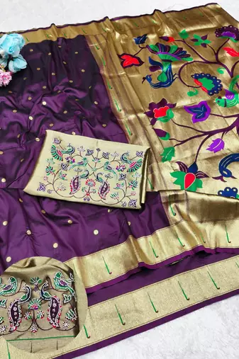 Wine zari woven paithani silk traditional saree with swarovski blouse piece