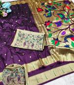 Wine zari woven paithani silk traditional saree with swarovski blouse piece