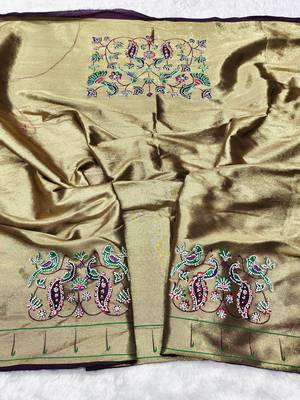 Wine zari woven paithani silk traditional saree with swarovski blouse piece 3