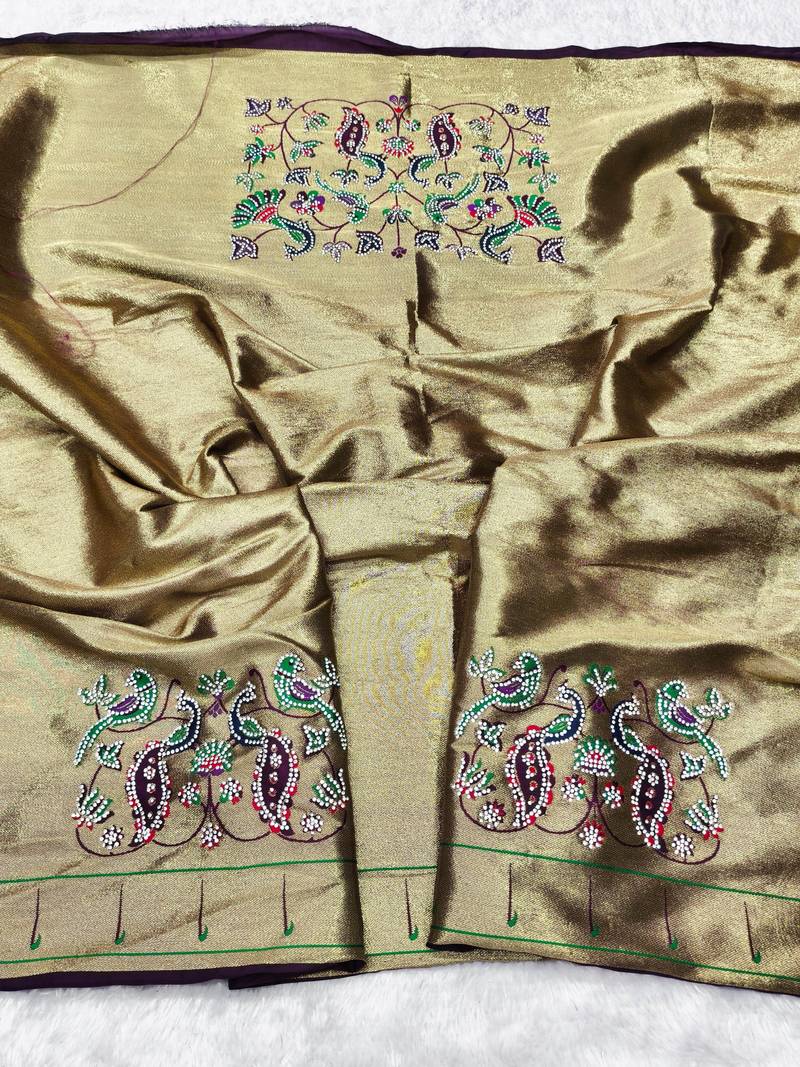 Wine zari woven paithani silk traditional saree with swarovski blouse piece