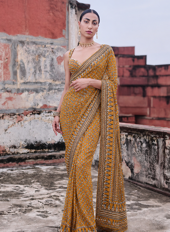 Yellow Color Beautiful katdana and real mirror work Fox Georgette Saree