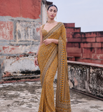 Yellow Color Beautiful katdana and real mirror work Fox Georgette Saree