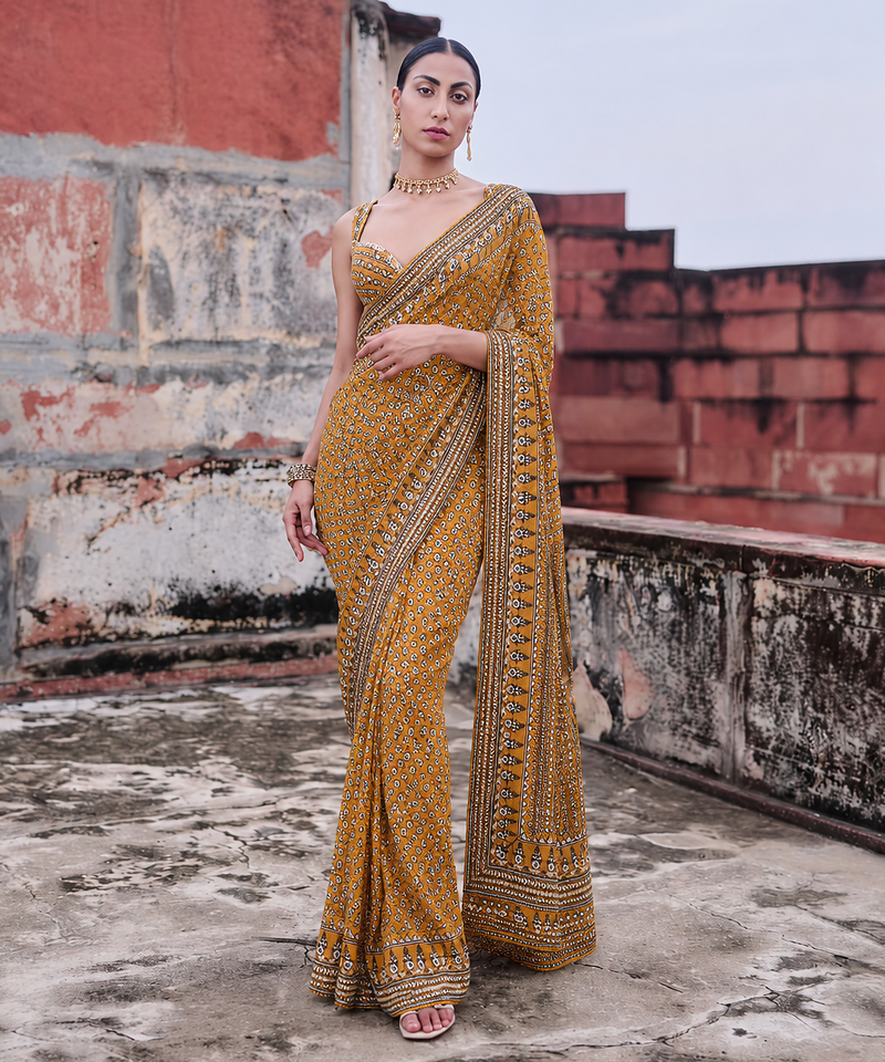 Yellow Color Beautiful katdana and real mirror work Fox Georgette Saree