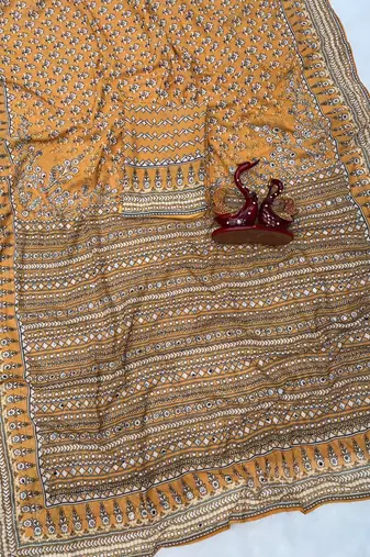 Yellow Color Beautiful katdana and real mirror work Fox Georgette Saree